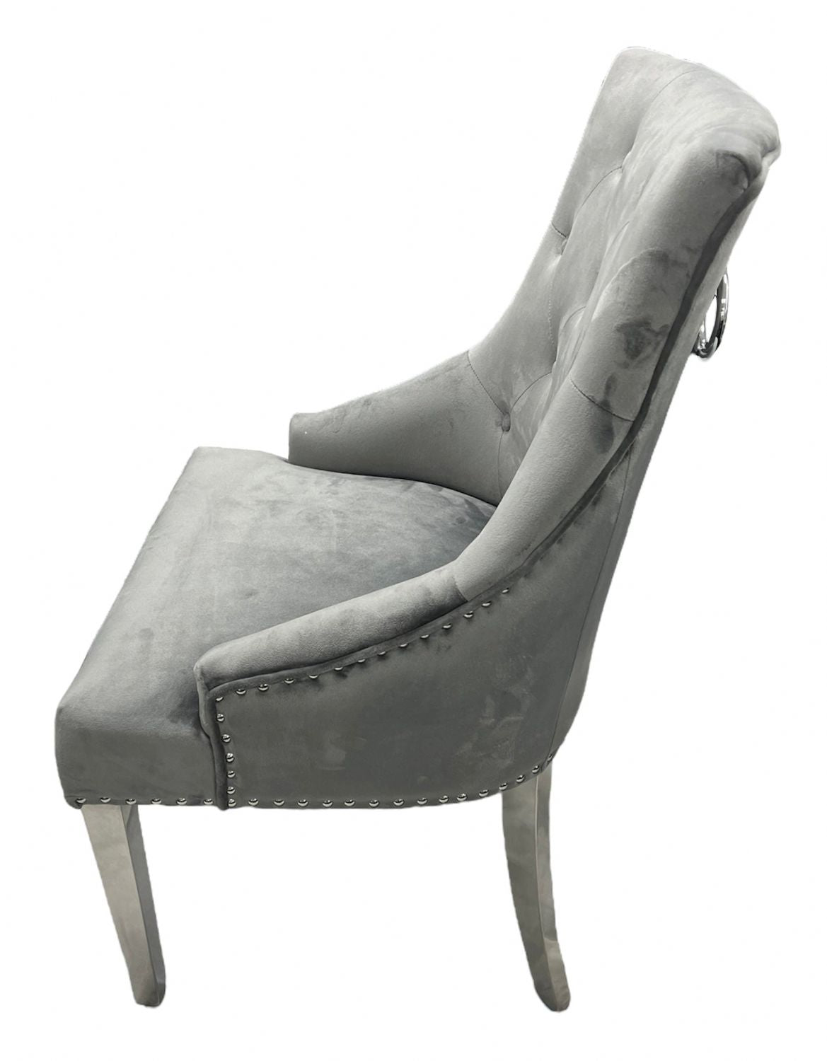 Dark Grey Velvet Dining Chair with Ring Knocker and Chrome Legs