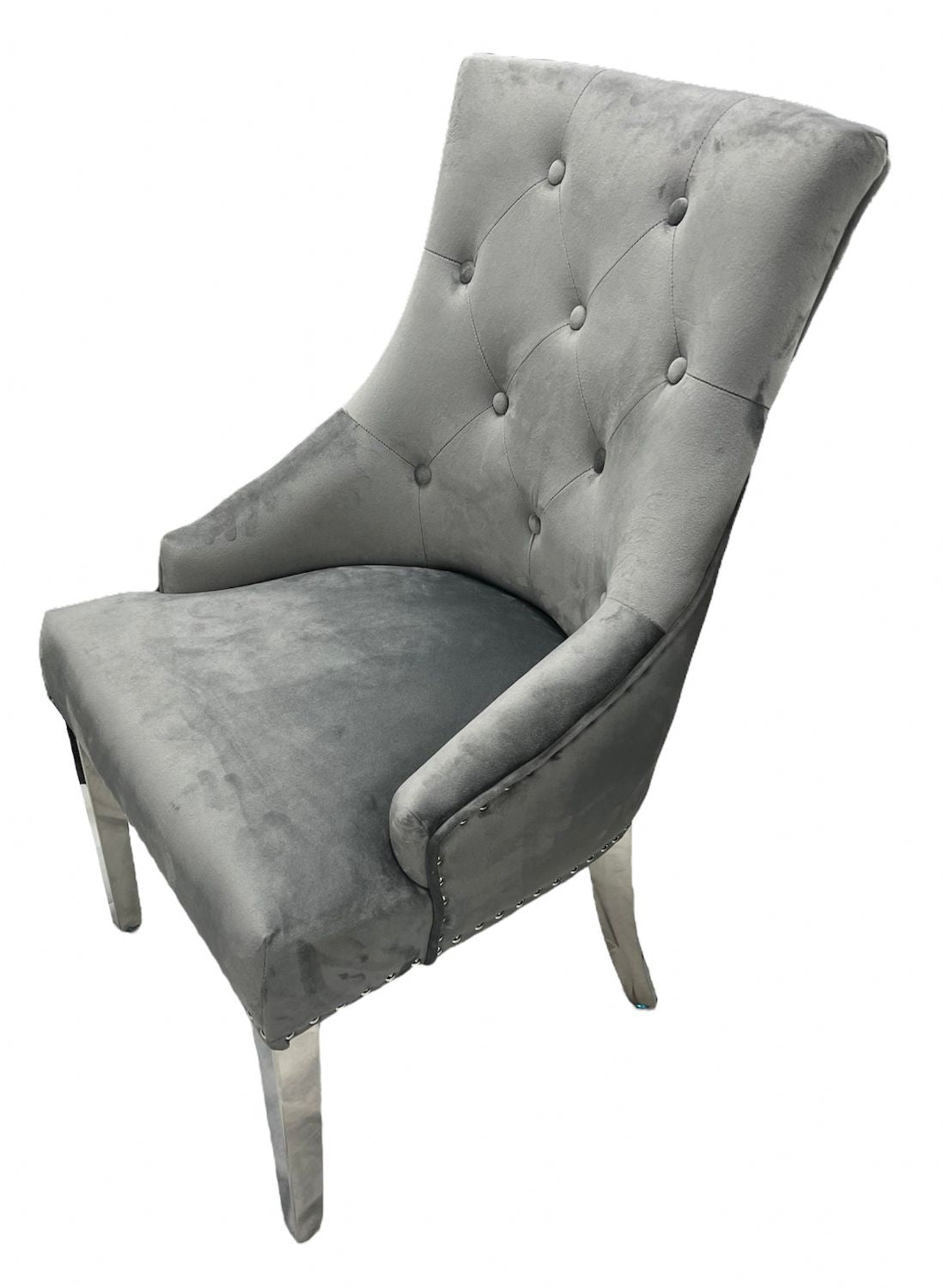 Dark Grey Velvet Dining Chair with Ring Knocker and Chrome Legs