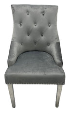 Dark Grey Velvet Dining Chair with Ring Knocker and Chrome Legs
