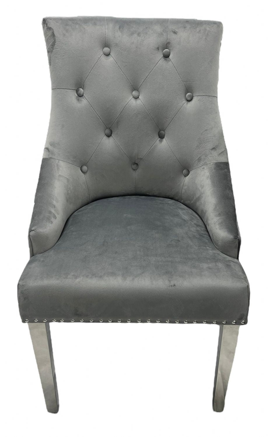 Dark Grey Velvet Dining Chair with Ring Knocker and Chrome Legs