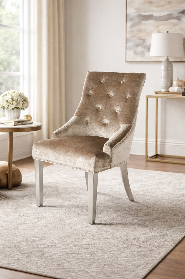 Mink Shimmer Velvet Dining Chair with Ring Knocker and Chrome Legs