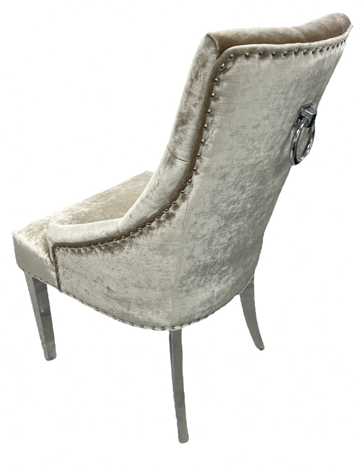 Mink Shimmer Velvet Dining Chair with Ring Knocker and Chrome Legs