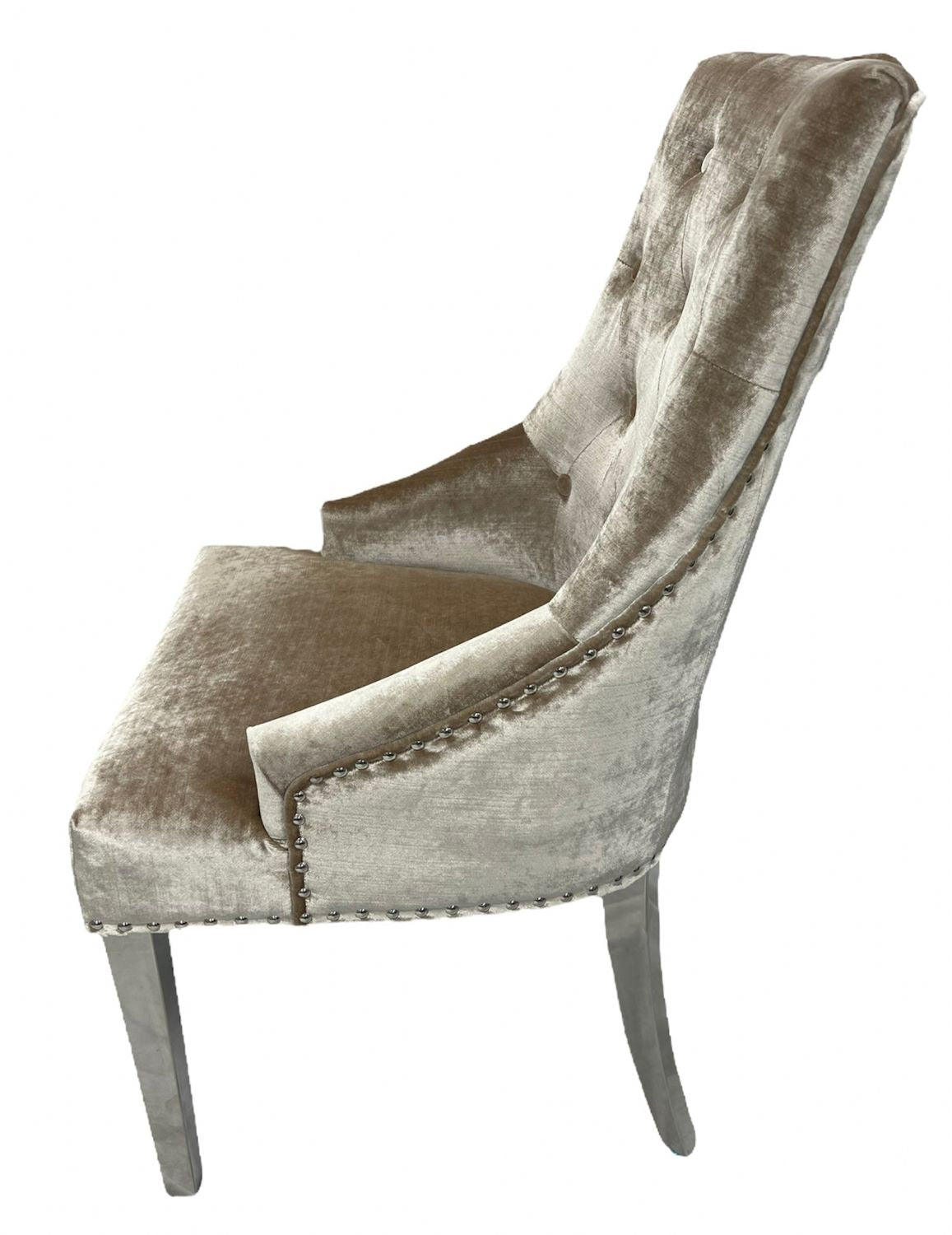 Mink Shimmer Velvet Dining Chair with Ring Knocker and Chrome Legs