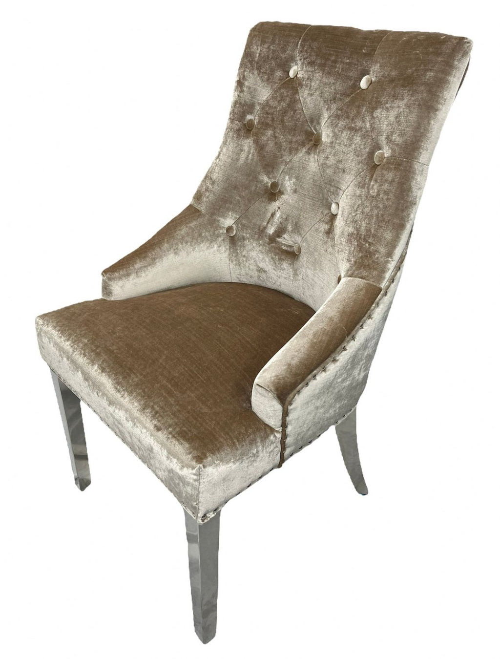 Mink Shimmer Velvet Dining Chair with Ring Knocker and Chrome Legs