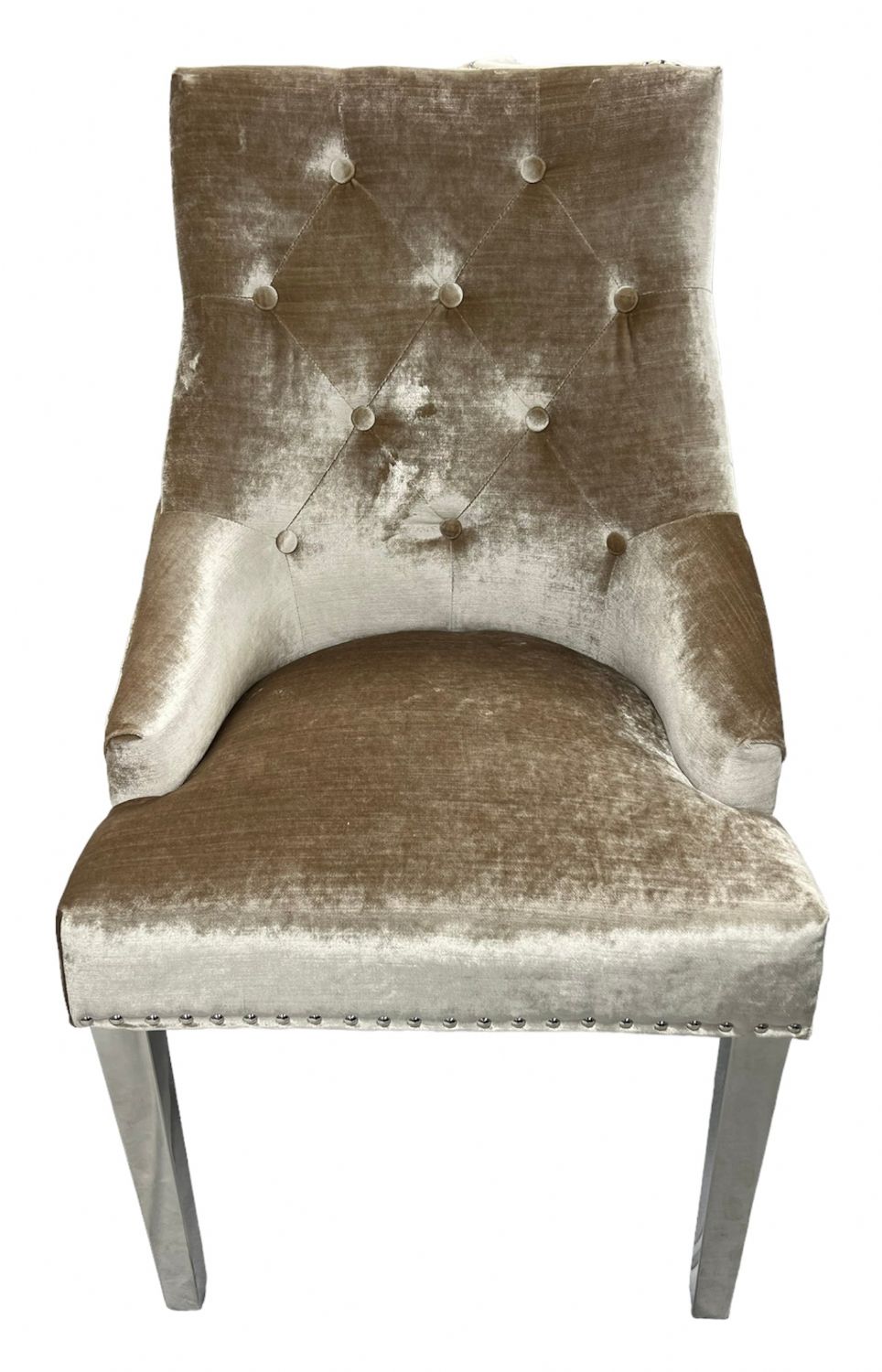 Mink Shimmer Velvet Dining Chair with Ring Knocker and Chrome Legs