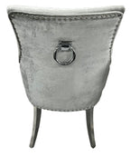 Silver Grey Shimmer Velvet Dining Chair with Ring Knocker and Chrome Legs