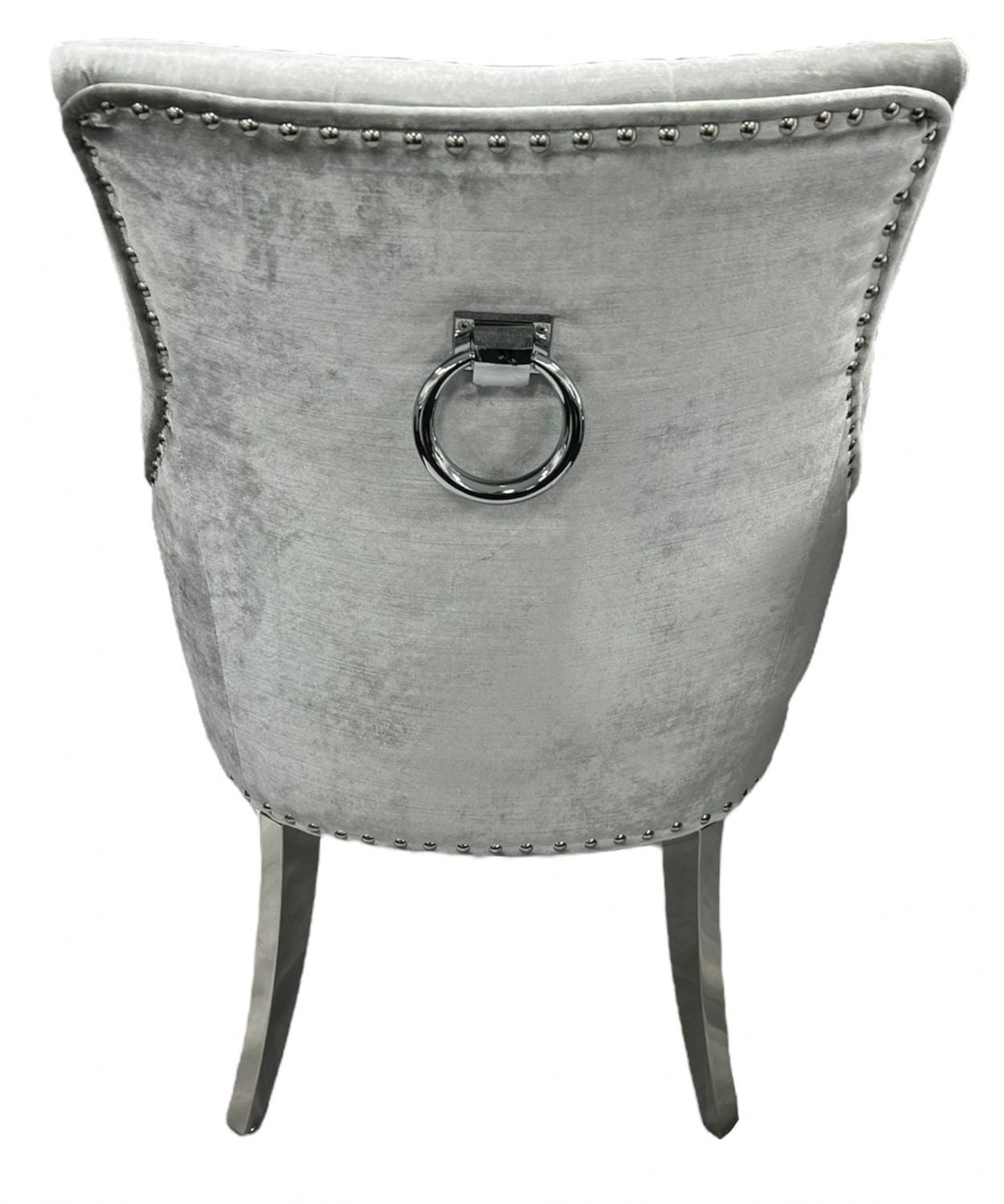 Silver Grey Shimmer Velvet Dining Chair with Ring Knocker and Chrome Legs