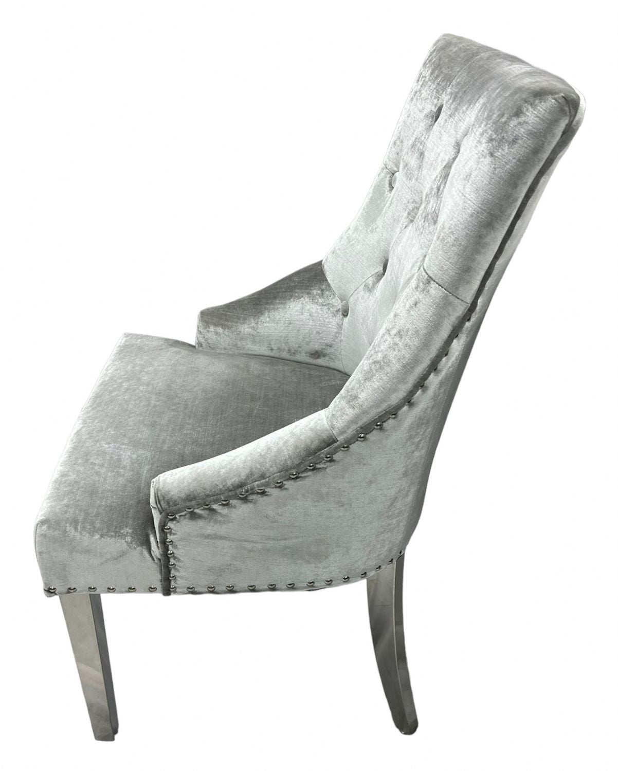 Silver Grey Shimmer Velvet Dining Chair with Ring Knocker and Chrome Legs