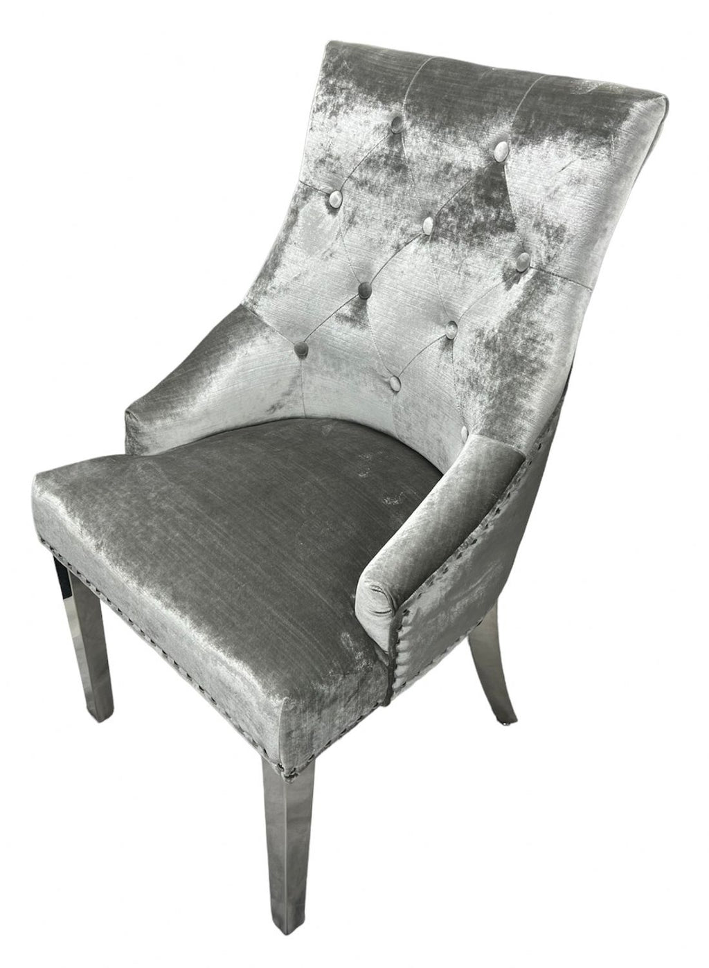 Silver Grey Shimmer Velvet Dining Chair with Ring Knocker and Chrome Legs