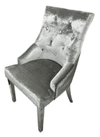 Silver Grey Shimmer Velvet Dining Chair with Ring Knocker and Chrome Legs