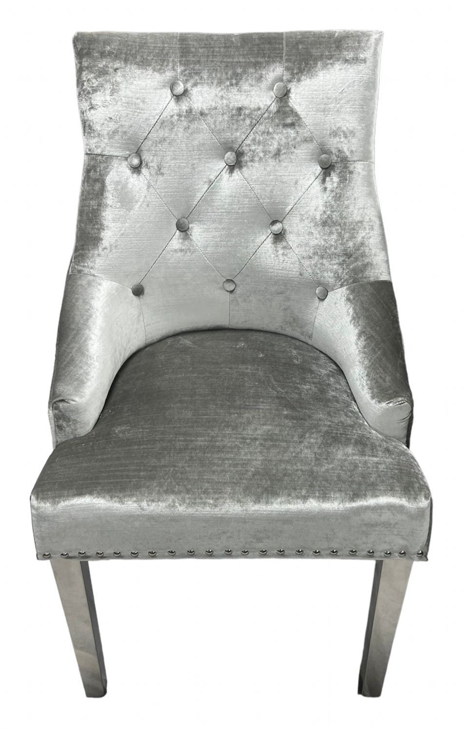 Silver Grey Shimmer Velvet Dining Chair with Ring Knocker and Chrome Legs