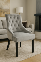 Dark Grey Velvet Dining Chair with Black Ring Knocker and Black Legs