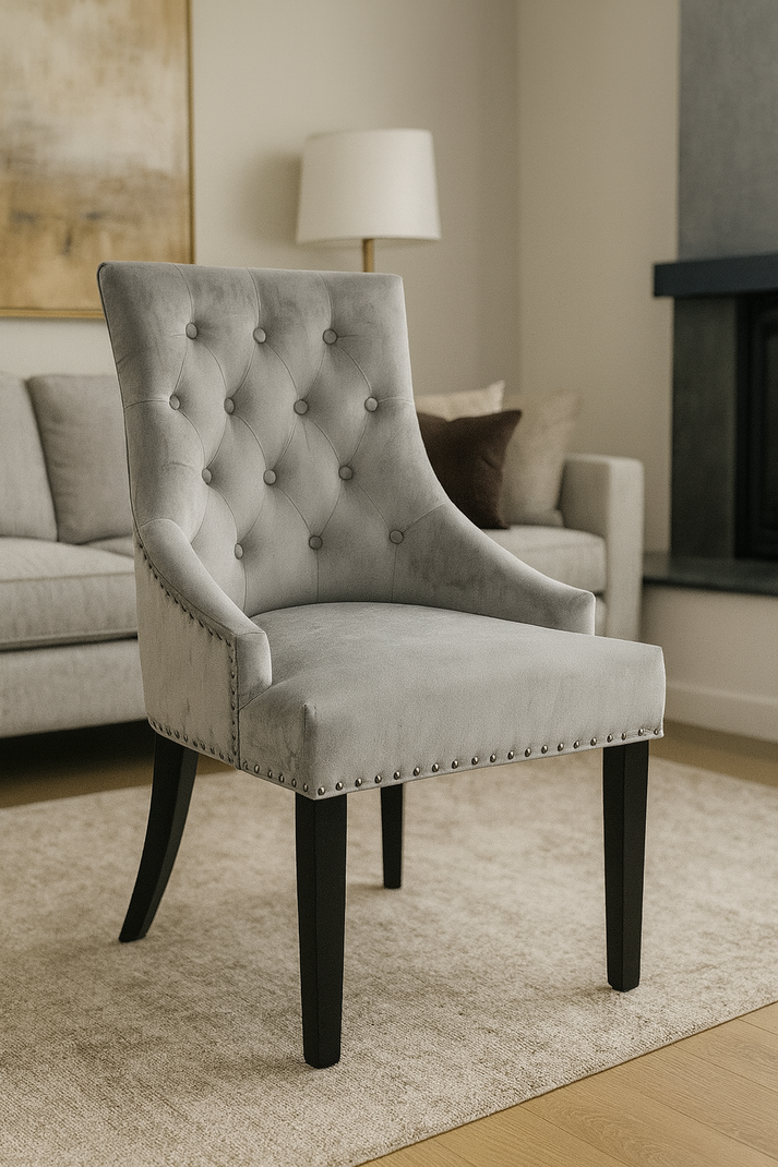 Dark Grey Velvet Dining Chair with Black Ring Knocker and Black Legs