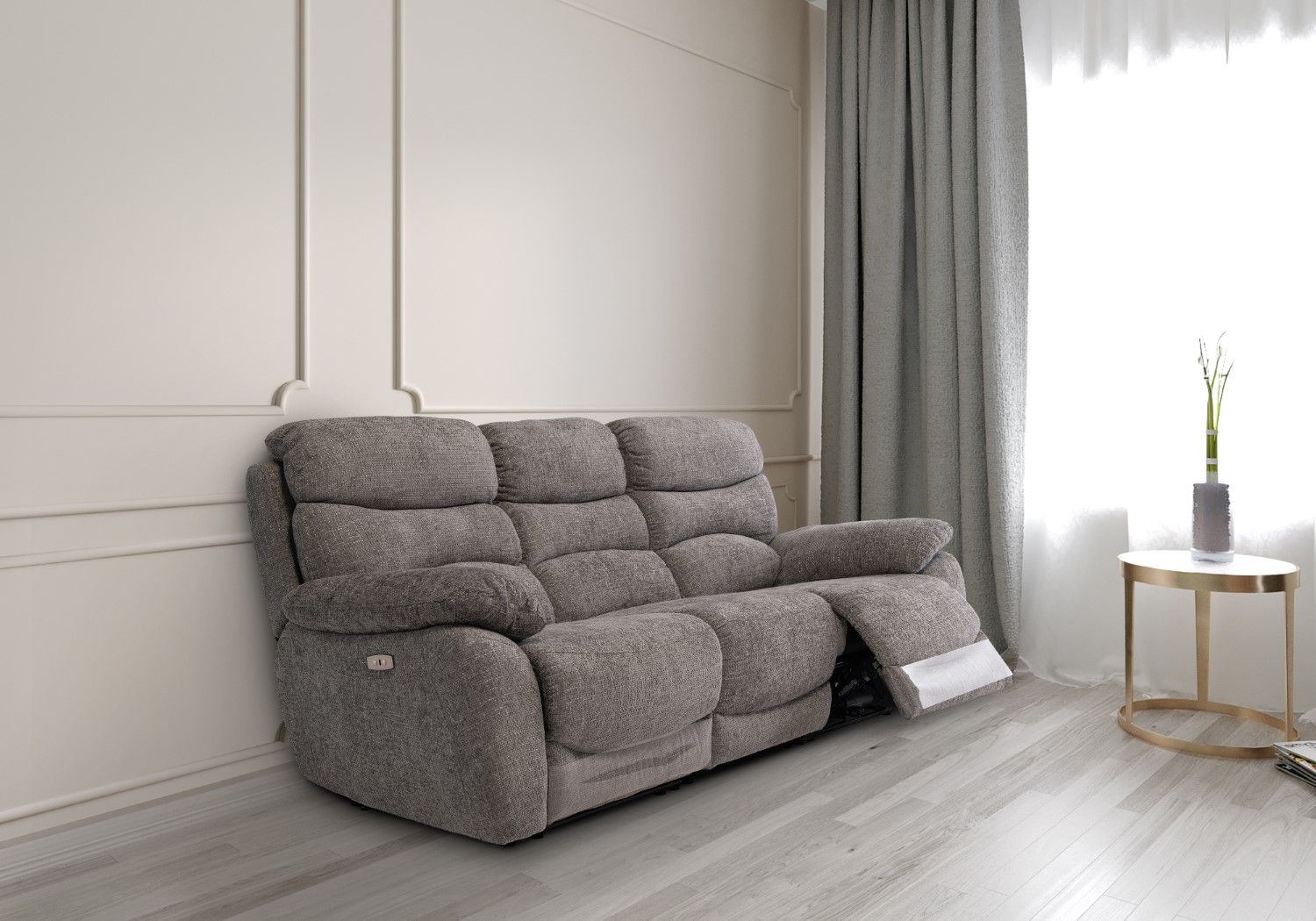 Grey Fabric Electric Power Recliner Sofa 3 Seater