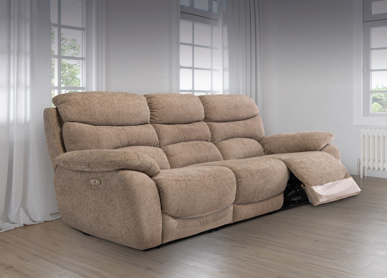 Sand Soft Touch Fabric Electric Power Recliner Sofa 3 Seater