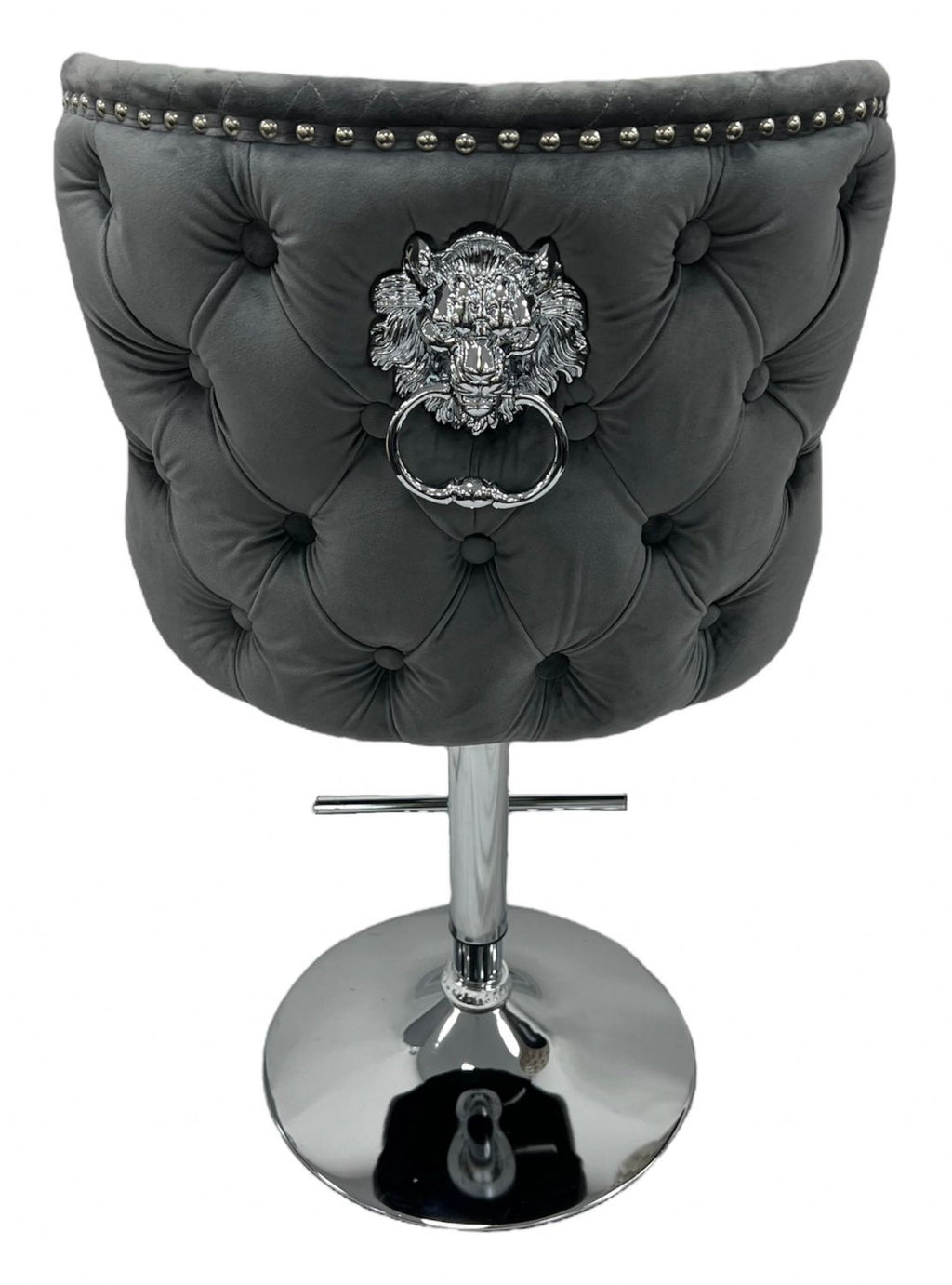 Dark Grey Velvet Bar Stool with Chrome Base and Lion Knocker Detail