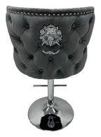 Dark Grey Velvet Bar Stool with Chrome Base and Lion Knocker Detail
