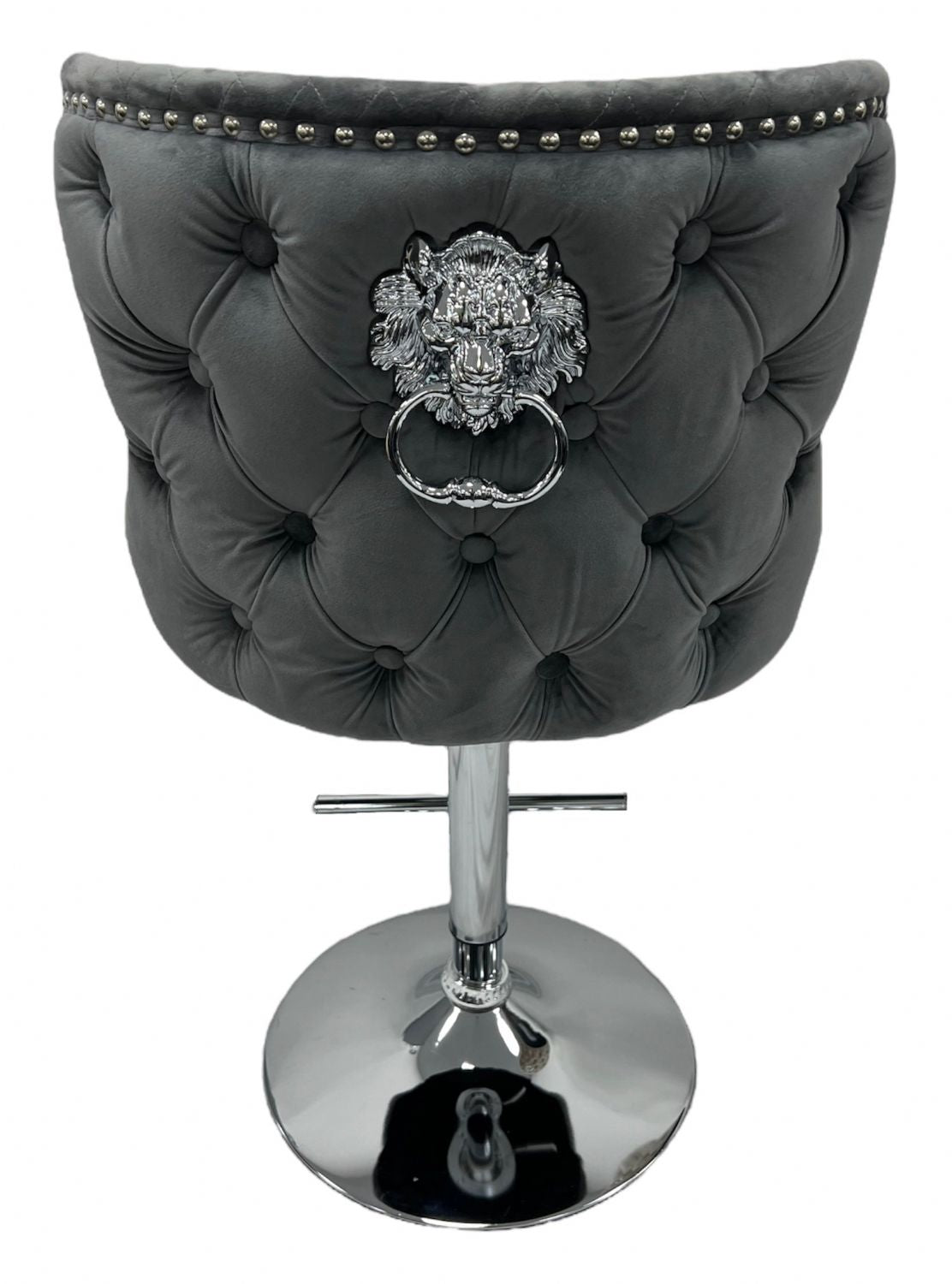 Dark Grey Velvet Bar Stool with Chrome Base and Lion Knocker Detail