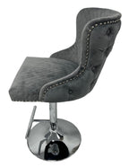 Dark Grey Velvet Bar Stool with Chrome Base and Lion Knocker Detail