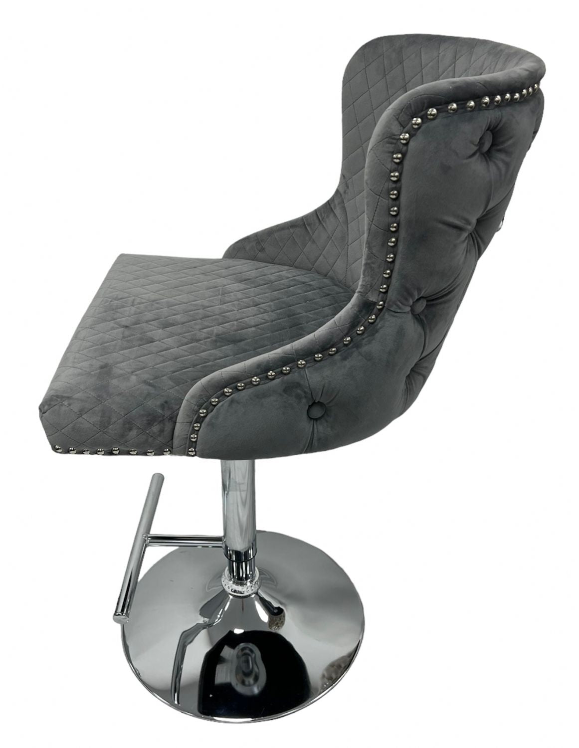 Dark Grey Velvet Bar Stool with Chrome Base and Lion Knocker Detail