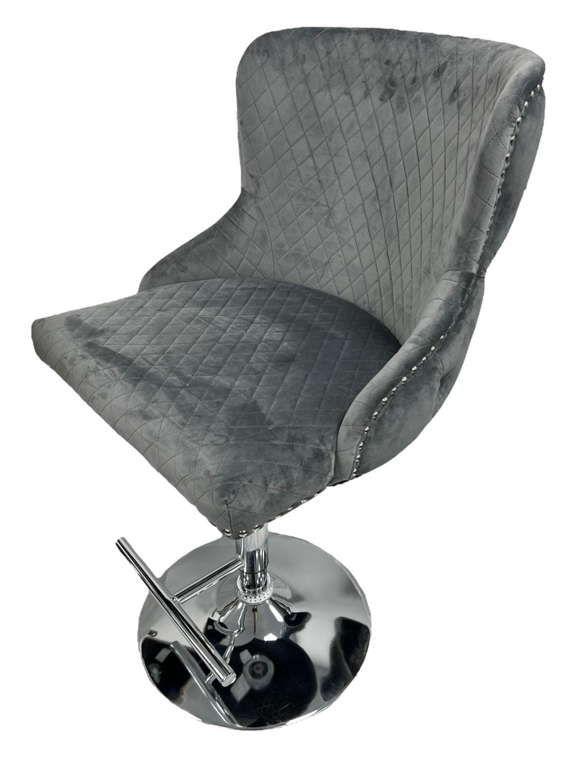 Dark Grey Velvet Bar Stool with Chrome Base and Lion Knocker Detail