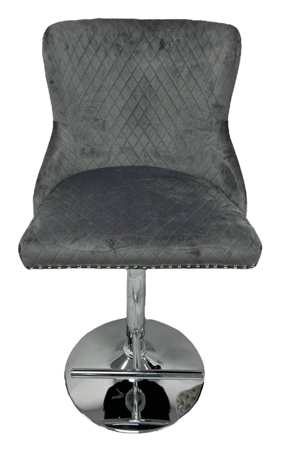 Dark Grey Velvet Bar Stool with Chrome Base and Lion Knocker Detail