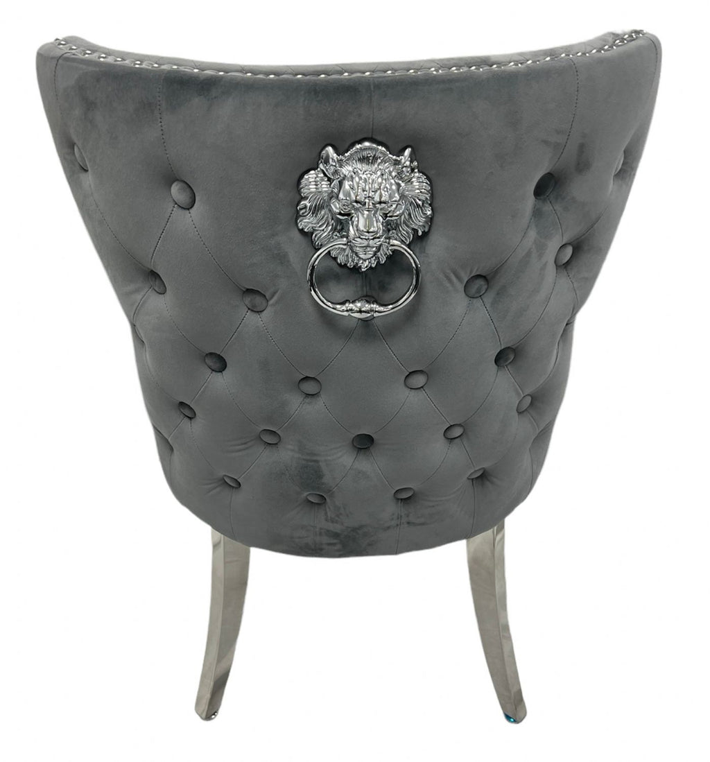 Plush Dark Grey Velvet Dining Chair with Lion Knocker and Chrome Legs