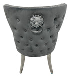 Plush Dark Grey Velvet Dining Chair with Lion Knocker and Chrome Legs