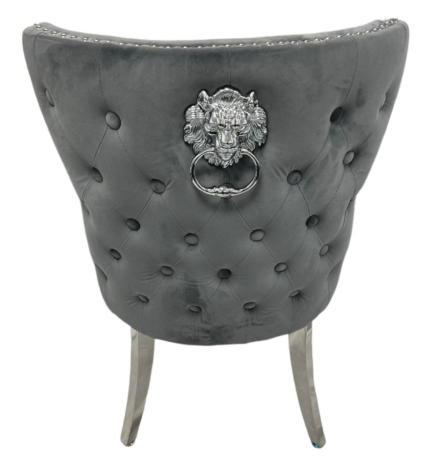 Plush Dark Grey Velvet Dining Chair with Lion Knocker and Chrome Legs