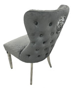Plush Dark Grey Velvet Dining Chair with Lion Knocker and Chrome Legs
