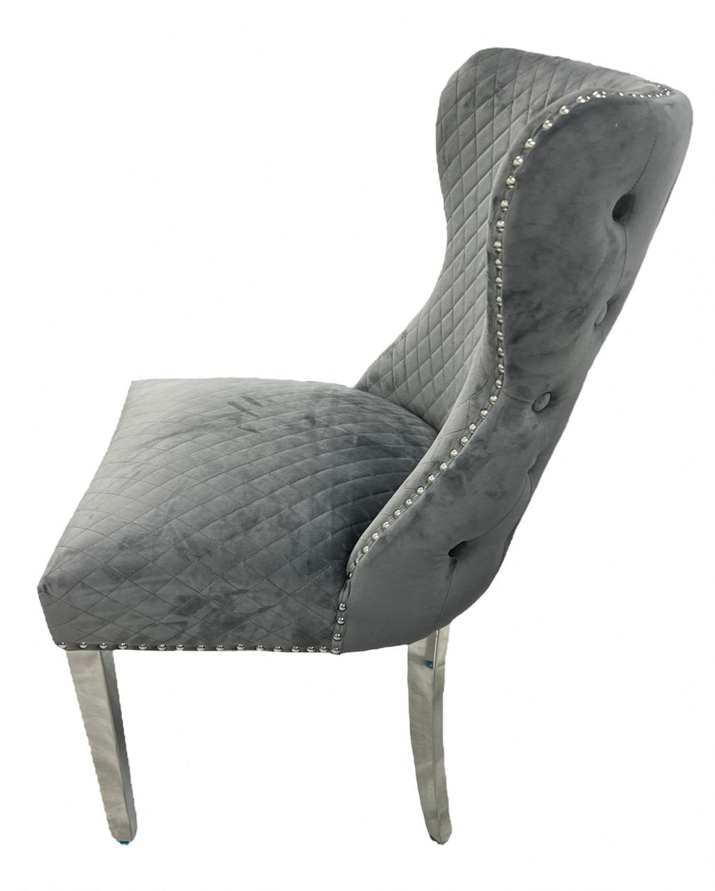 Plush Dark Grey Velvet Dining Chair with Lion Knocker and Chrome Legs