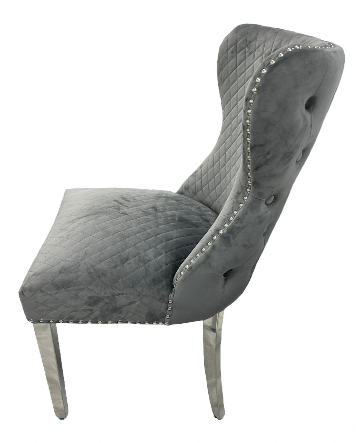 Plush Dark Grey Velvet Dining Chair with Lion Knocker and Chrome Legs