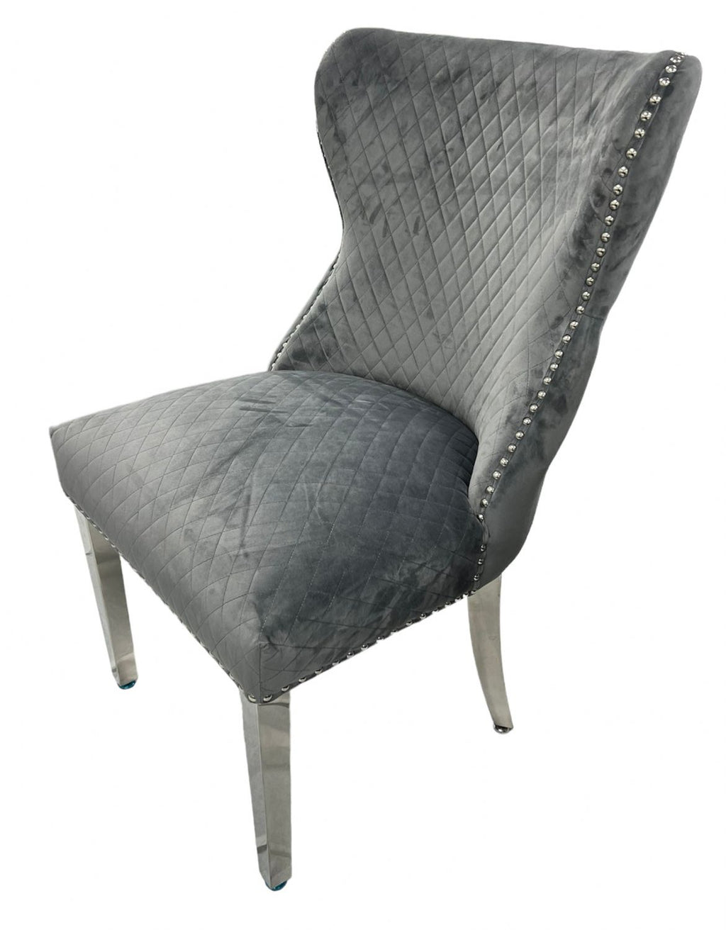 Plush Dark Grey Velvet Dining Chair with Lion Knocker and Chrome Legs