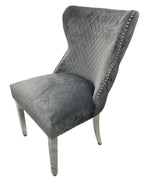 Plush Dark Grey Velvet Dining Chair with Lion Knocker and Chrome Legs