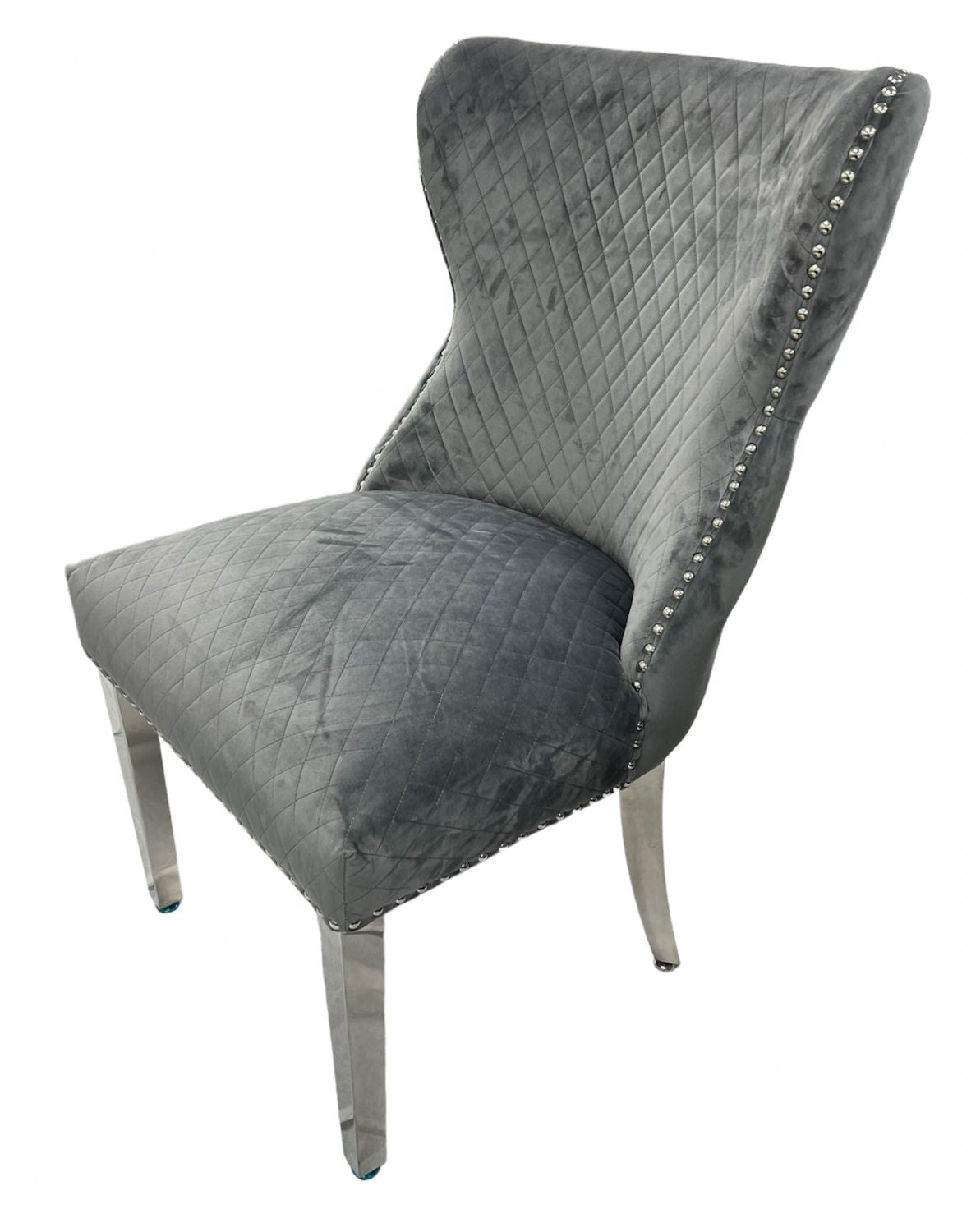 Plush Dark Grey Velvet Dining Chair with Lion Knocker and Chrome Legs