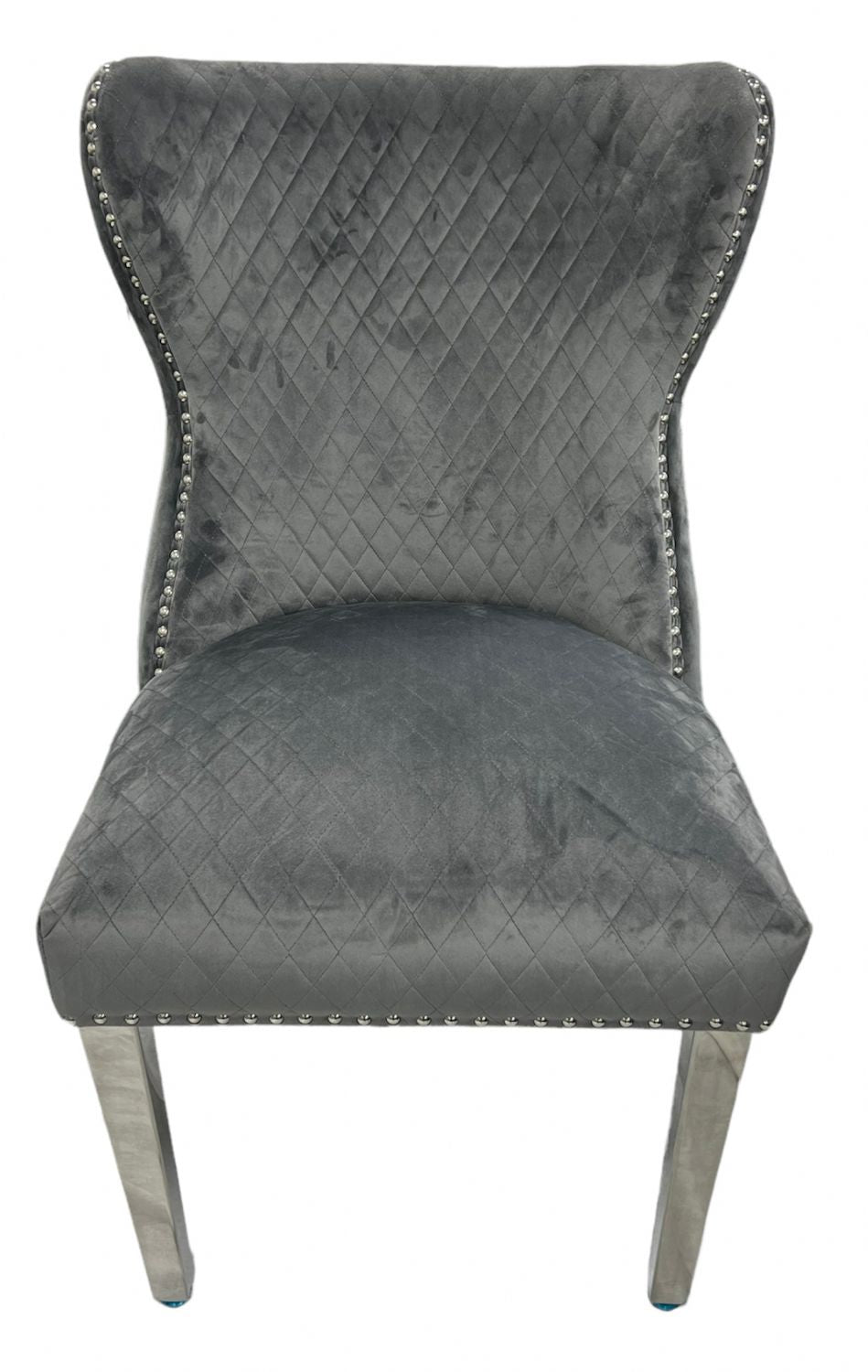 Plush Dark Grey Velvet Dining Chair with Lion Knocker and Chrome Legs
