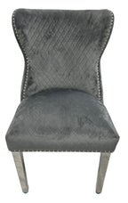 Plush Dark Grey Velvet Dining Chair with Lion Knocker and Chrome Legs