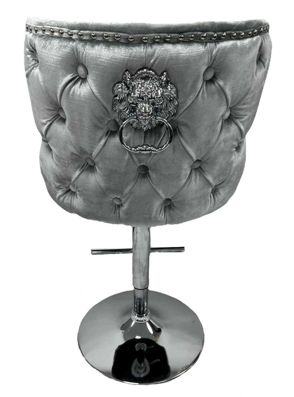 Light Grey Velvet Chesterfield Bar Stool with Chrome Base and Lion Knocker