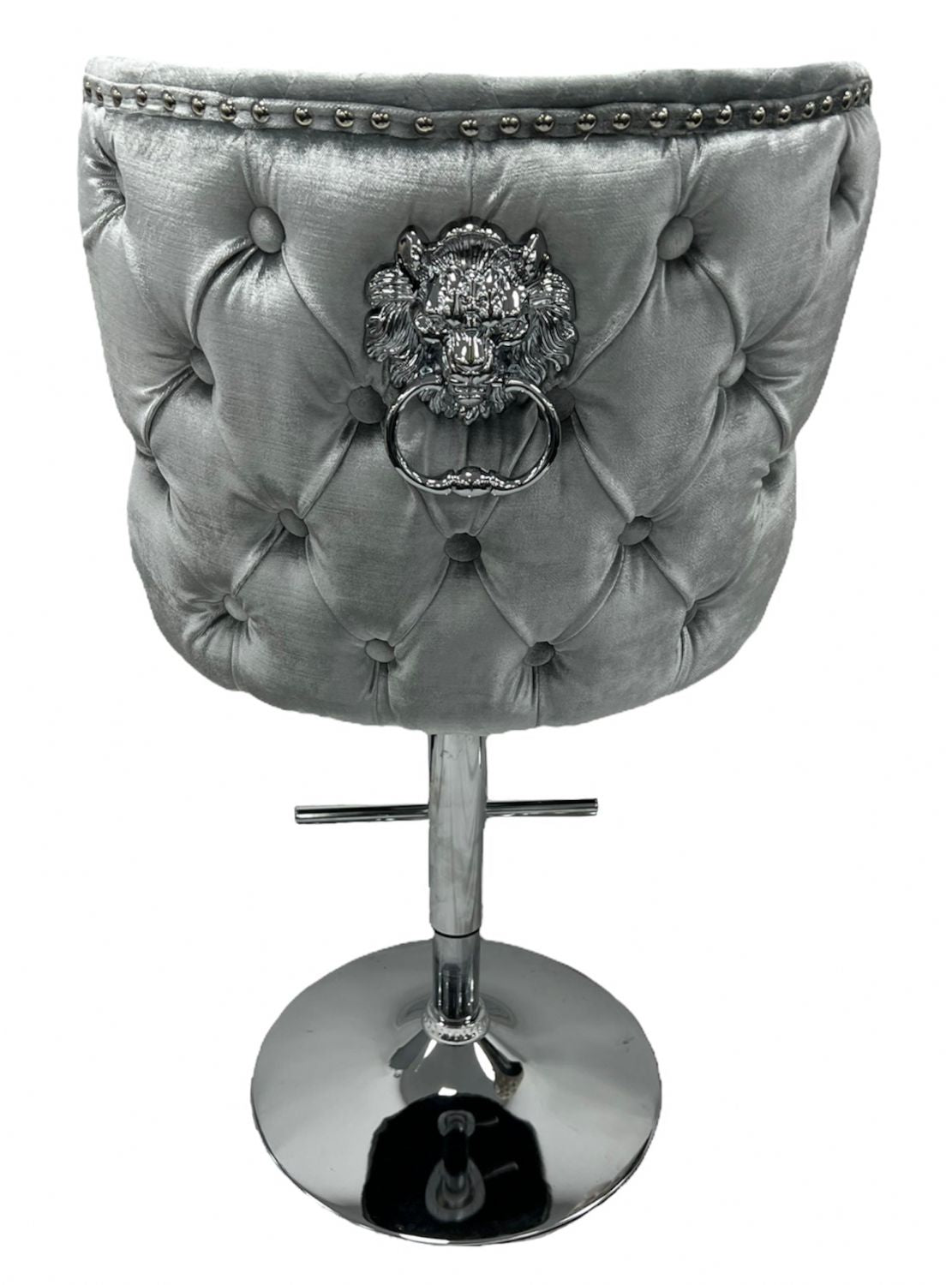 Light Grey Velvet Chesterfield Bar Stool with Chrome Base and Lion Knocker