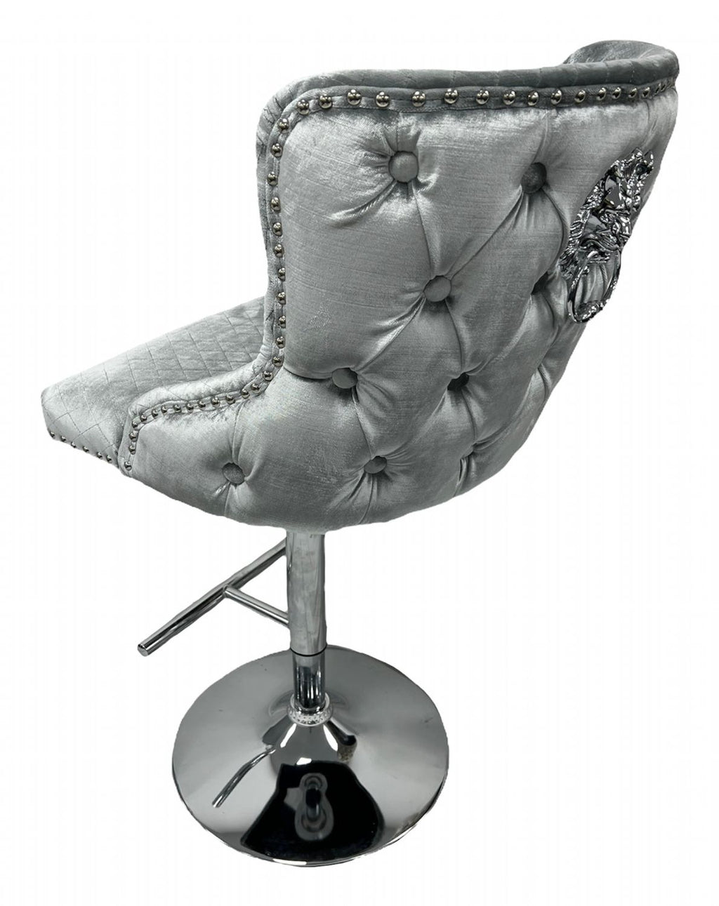 Light Grey Velvet Chesterfield Bar Stool with Chrome Base and Lion Knocker