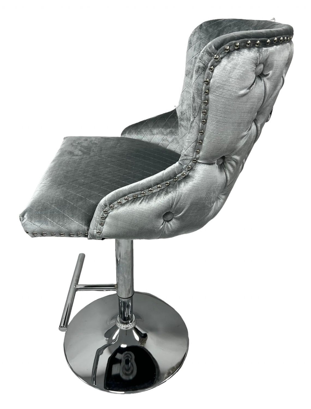 Light Grey Velvet Chesterfield Bar Stool with Chrome Base and Lion Knocker