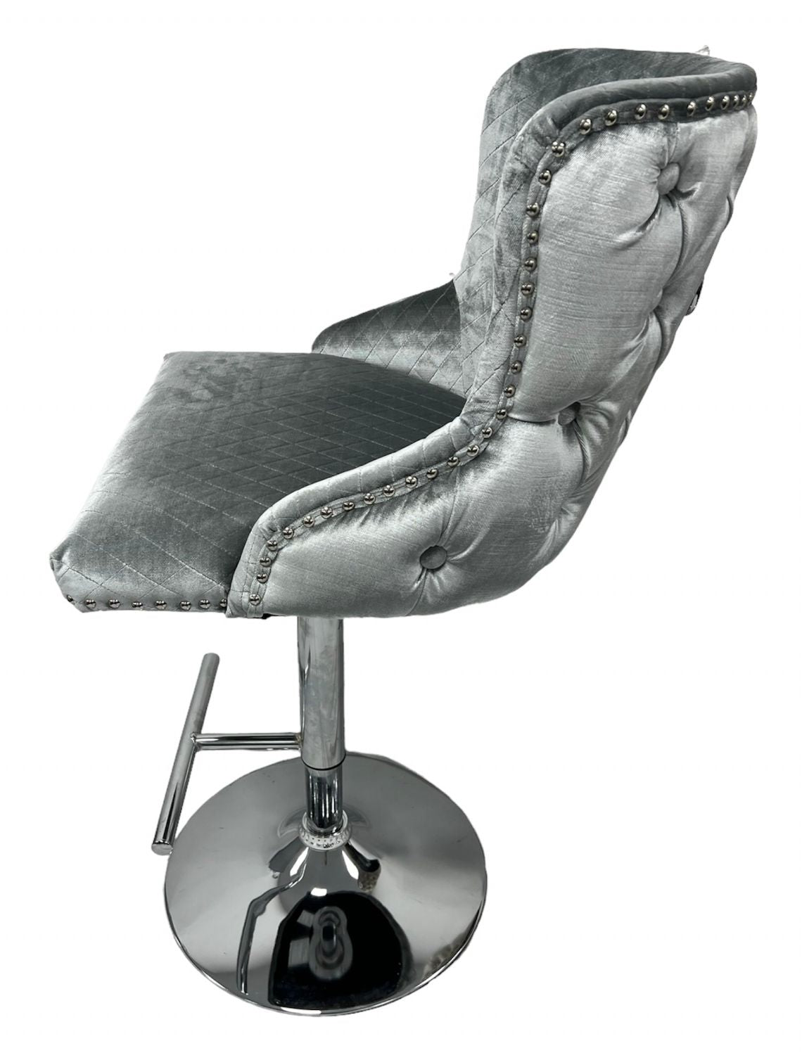 Light Grey Velvet Chesterfield Bar Stool with Chrome Base and Lion Knocker