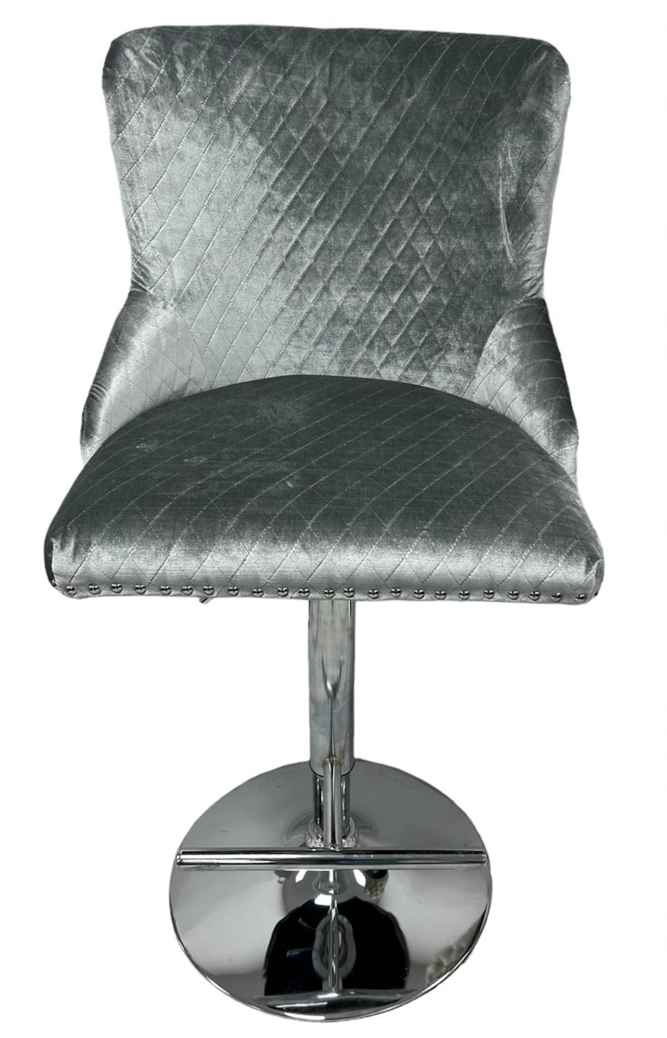 Light Grey Velvet Chesterfield Bar Stool with Chrome Base and Lion Knocker