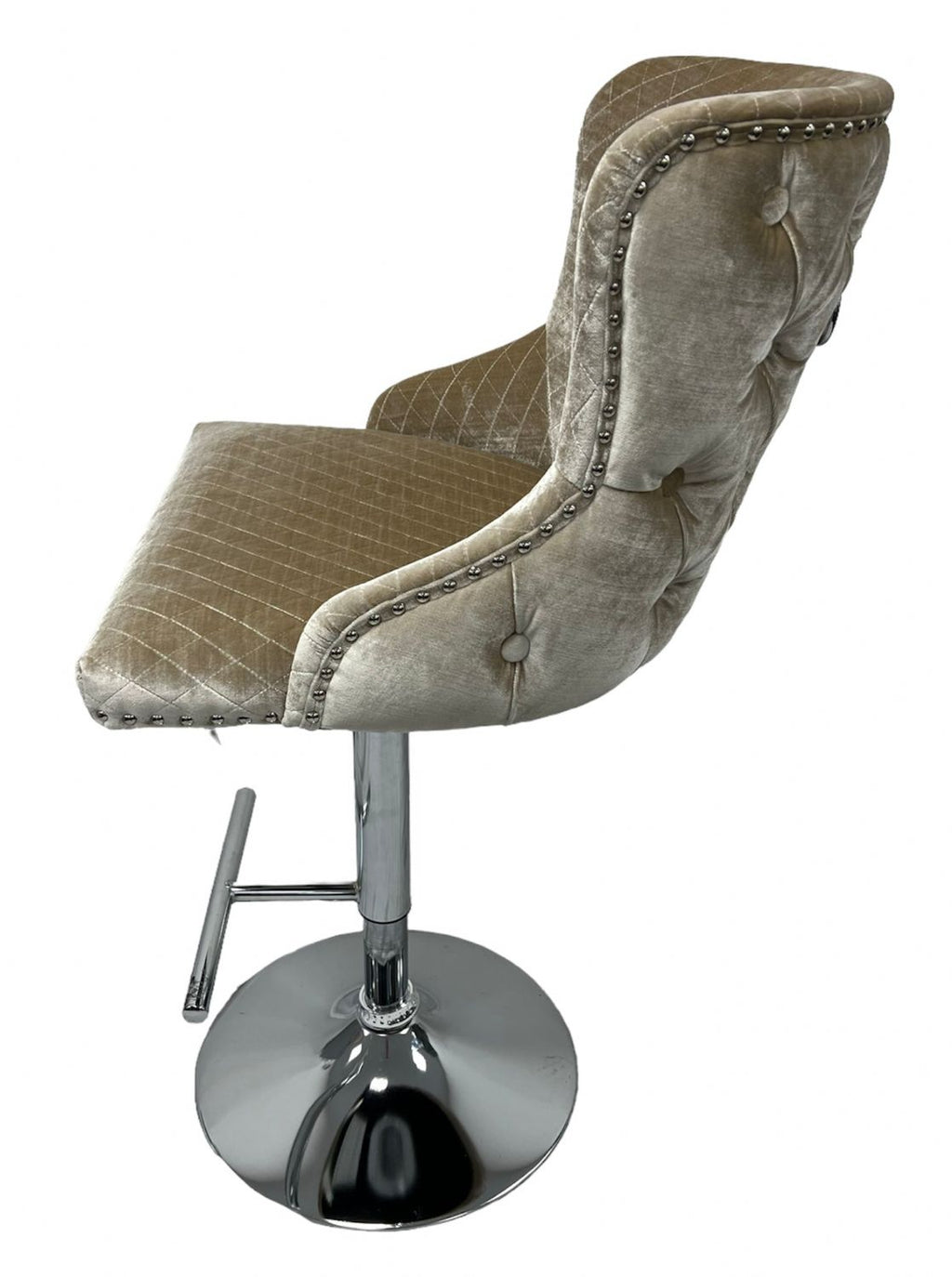 Classic Mink Shimmer Velvet Gas Lift Bar Stool with Chesterfield Back and Chrome Base
