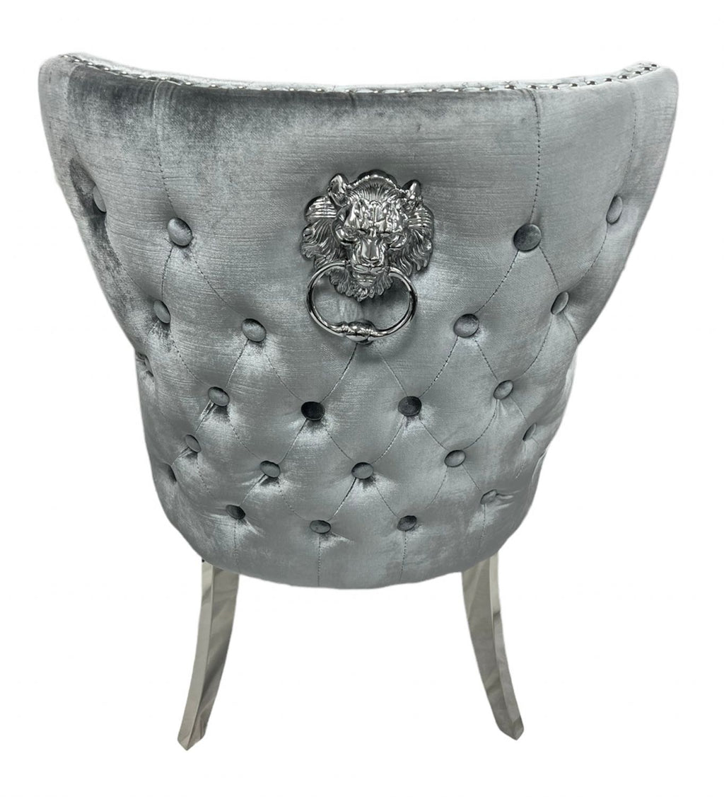 Plush Light Grey Velvet Dining Chair with Lion Knocker and Chrome Legs