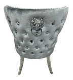 Plush Light Grey Velvet Dining Chair with Lion Knocker and Chrome Legs