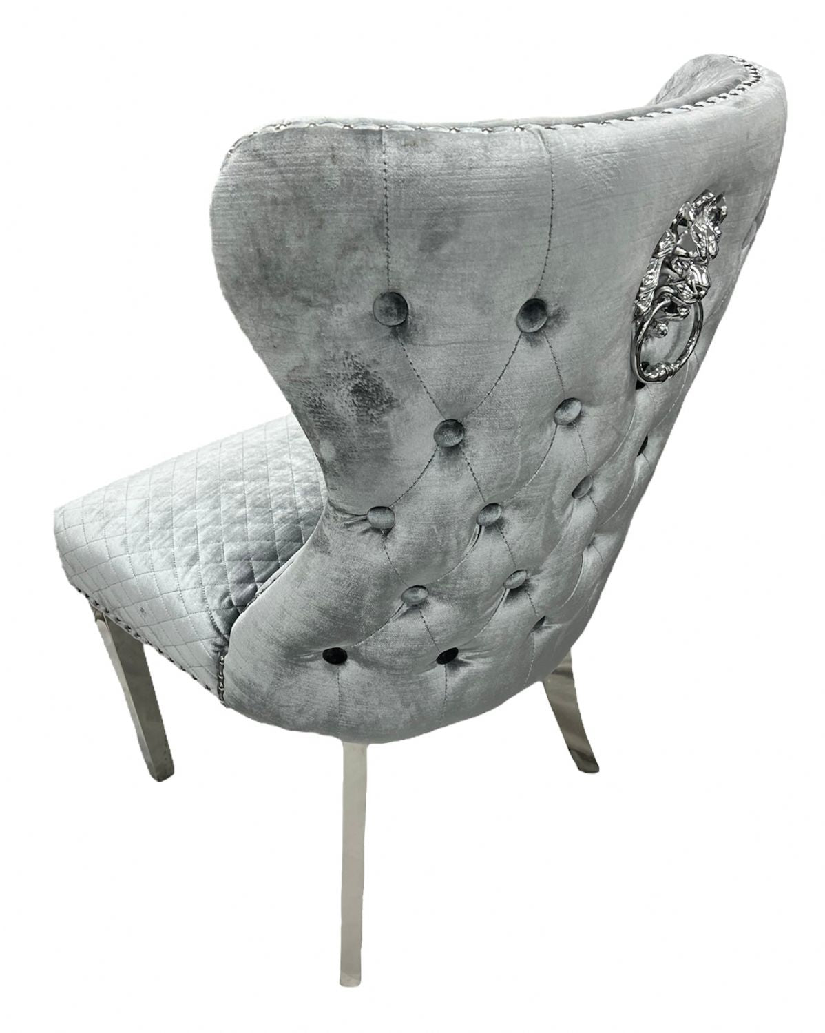 Plush Light Grey Velvet Dining Chair with Lion Knocker and Chrome Legs