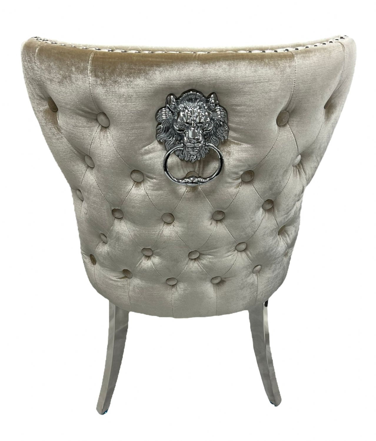 Mink Shimmer Velvet Dining Chair with Lion Knocker and Chrome Legs