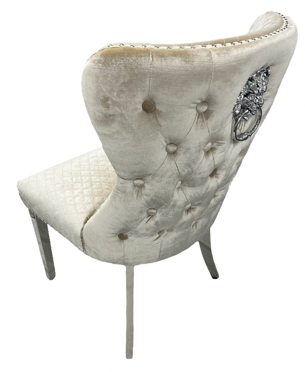 Mink Shimmer Velvet Dining Chair with Lion Knocker and Chrome Legs