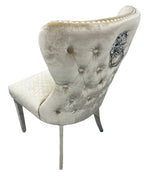 Mink Shimmer Velvet Dining Chair with Lion Knocker and Chrome Legs